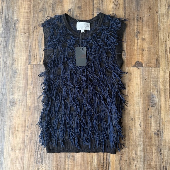 J.O.A. Tops - J.O.A Just One Answer Womens Navy Blue Fringe Blouse Bold Party Size XS NWT